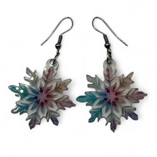 Blue Pink Iridescent Snowflake Dangle Earrings Winter Holiday Jewelry