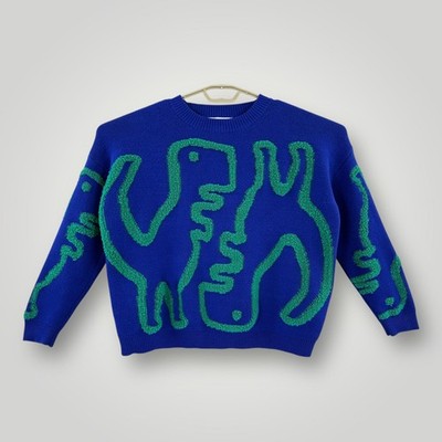 Threaded Leaf Womens Small Oversized Dinosaur Chunky Knit Sweater Blue Green
