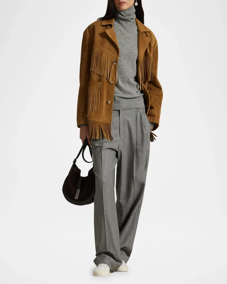 Women's Fringe Suede Leather Jacket in Dark Beige Size S M L XL XXL 3XL - Image 4 of 4