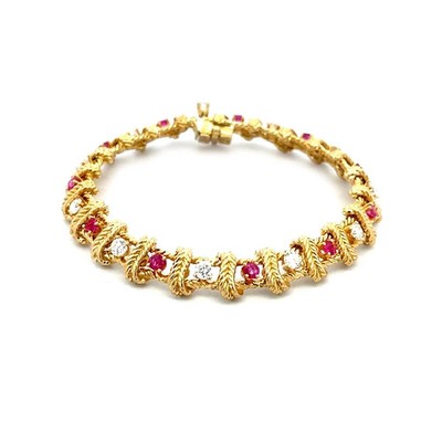 Place Vendome Diamond Ruby Gold Bracelet 18k Yellow Leaf Cross Bar Design