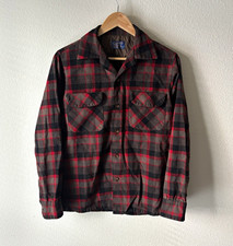 Vintage 60s Pendleton Board Shirt Wool Flannel Loop Collar Red Plaid Small USA