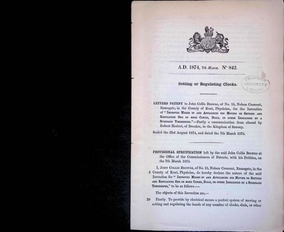 1874 Patent Specification Browne Synchronized Clock System Electrical Horology
