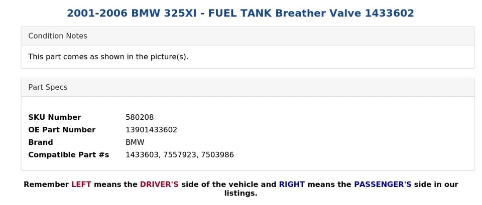 2001-2006 BMW 325XI - FUEL TANK Breather Valve 1433602 - Image 3 of 4