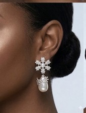 Elegant Drop Earrings with Pave Crystals & Tear Drop Pearl – Silver Tone