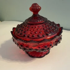 Vintage Fenton Hobnail Amberina Covered Candy Dish-Footed EUC