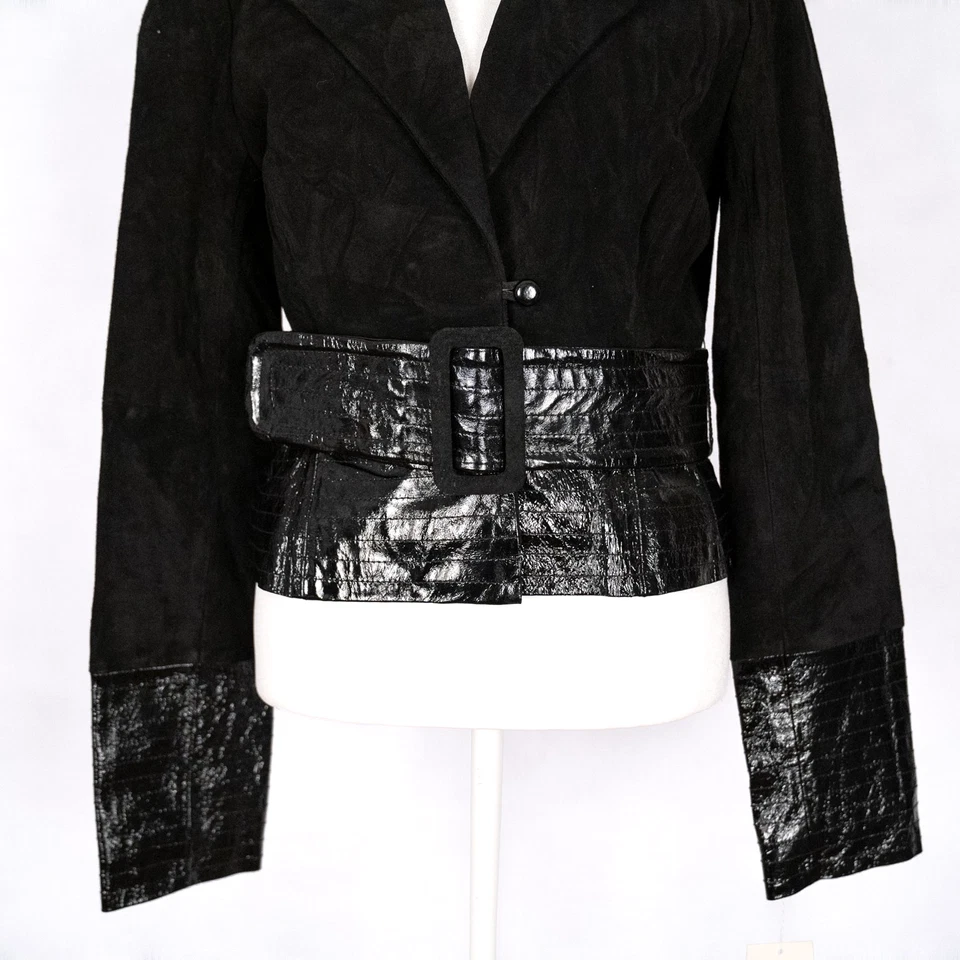 Kenar Vintage 80s 90s Suede Leather Crop Jacket MEDIUM Patent Cuffs Belted Moto - Imagem 2 de 4