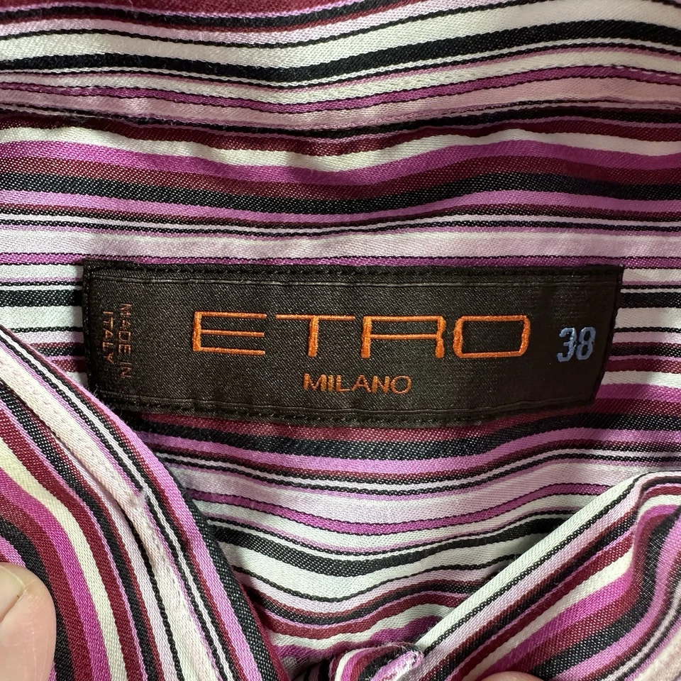 Etro Milano Dress Shirt Mens 38 Stripe Pattern Purple Pink Italy Lightweight - Image 3 of 4