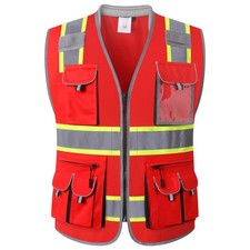 10 Pockets Hi-Vis Zipper Front Fluorescent Red Safety Vest  Cushioned Collar...