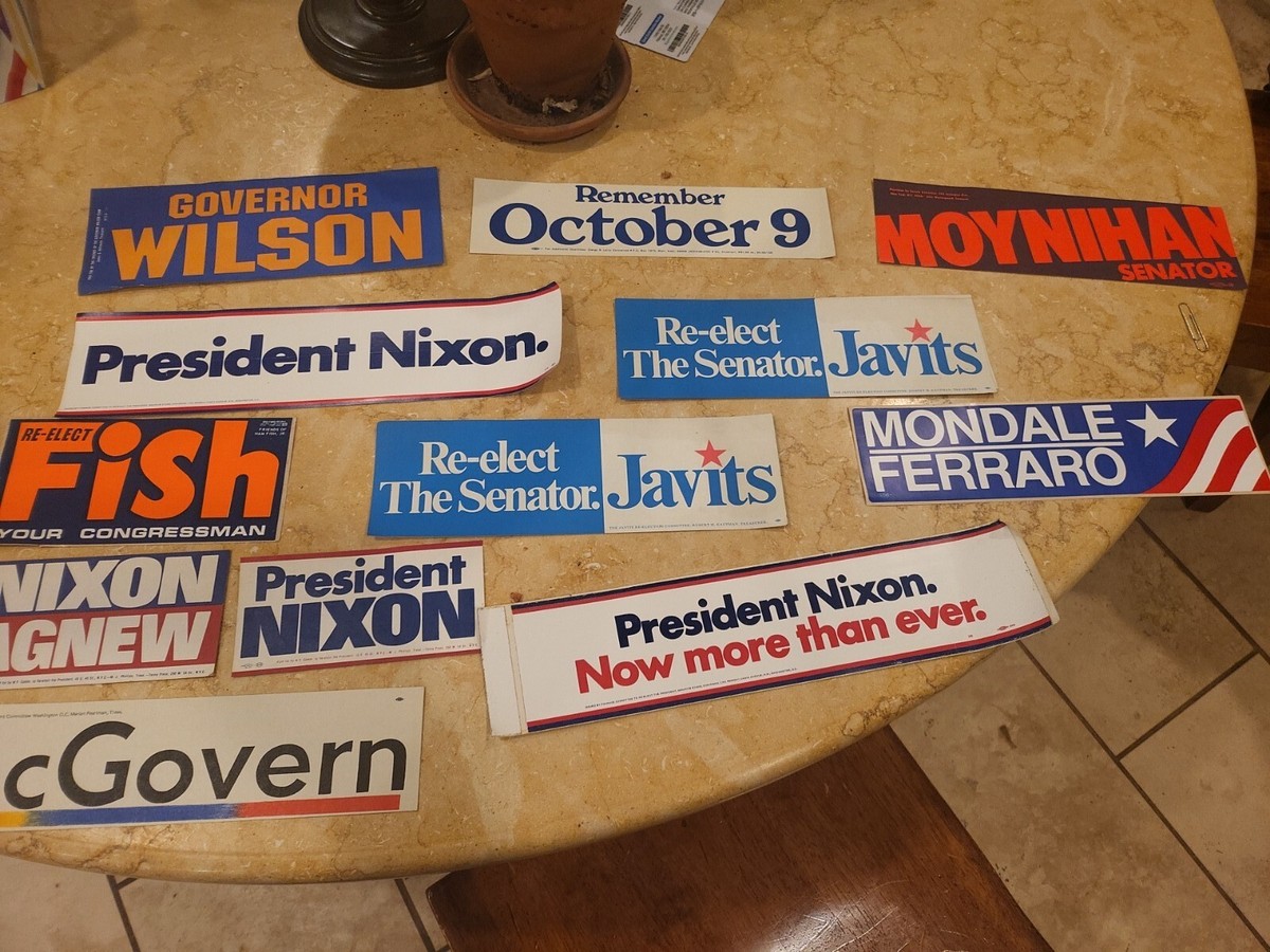 12 bumper 1970 political bumper stickers Nixon, Ferraro, McGovern