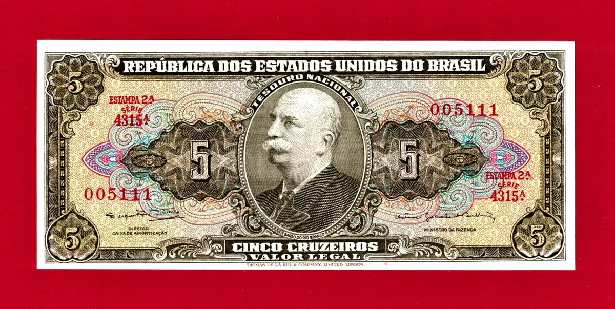 Brazil 5 Cruzeiros 1963 sign 12 Banknote Brasil Serie 2458 Free Shipping  World 