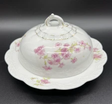 Vintage Covered Butter Dish Dome Pink Floral Porcelain 7" Diameter