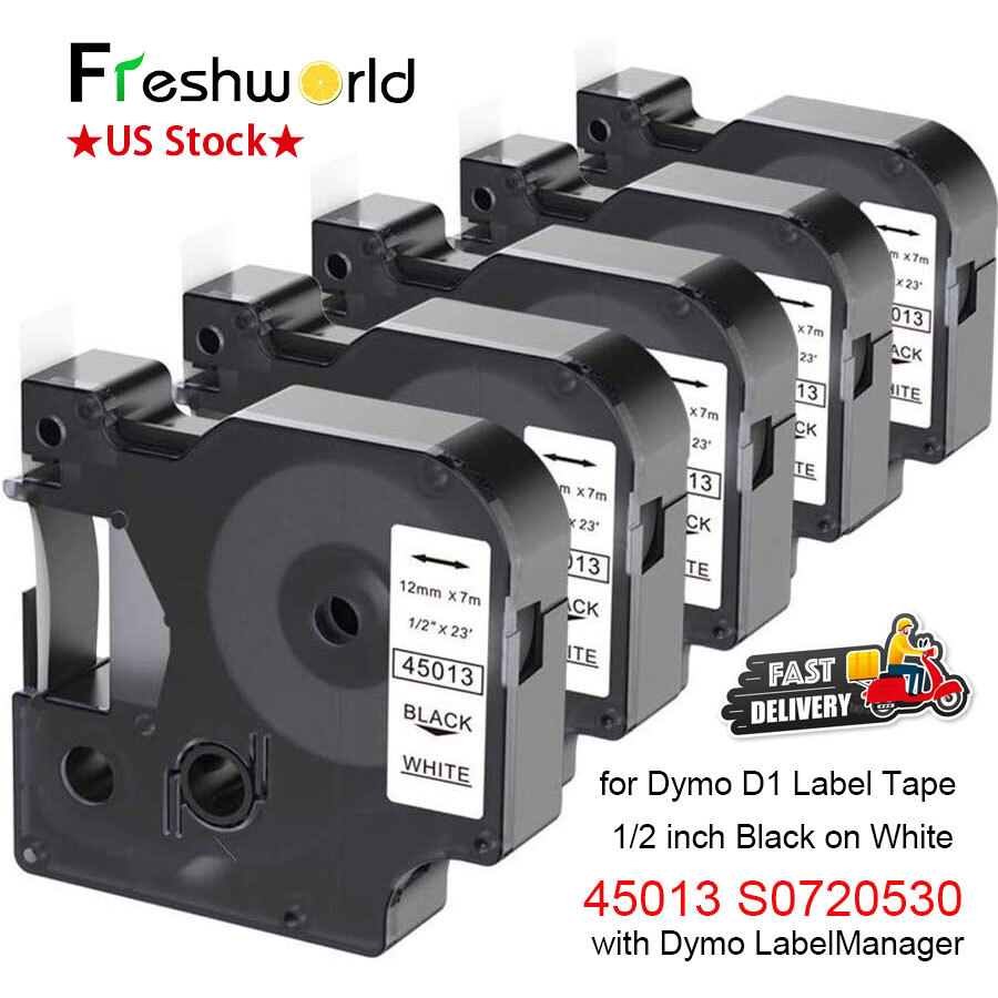 5x 45013 Dymo D1 Label 12mm x 7m Tape Black On White Label Manager Compatible