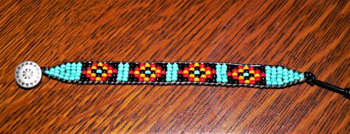 Native American Inspired Wrap Beaded on Leather Seed Bead Bracelet