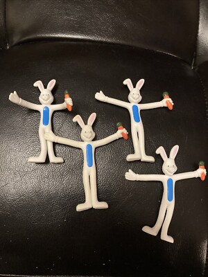 4 Bendy Rabbits Miniature Bunnies Easter Ornaments Blue Belly Carrot Grab bag