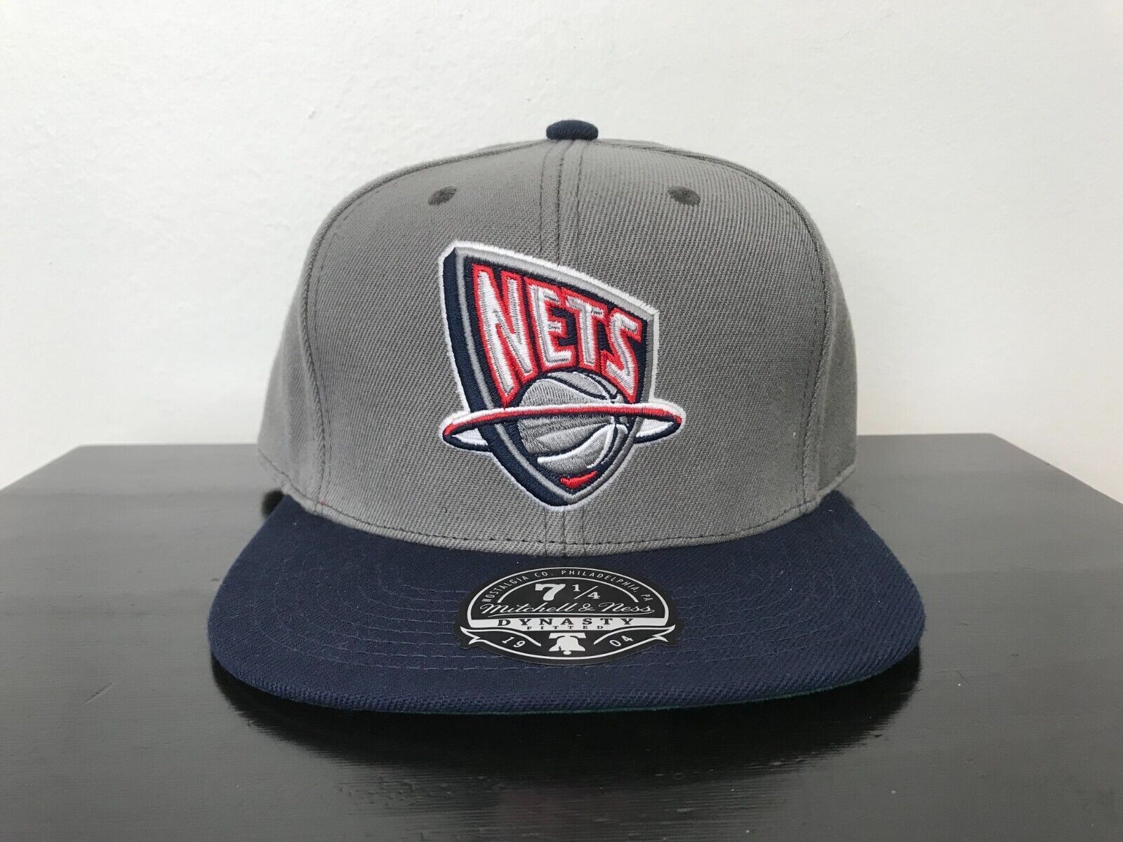 MITCHELL & NESS NEW JERSEY NETS FITTED HAT NBA BROOKLYN HAT CAP GRAY BLUE  RED