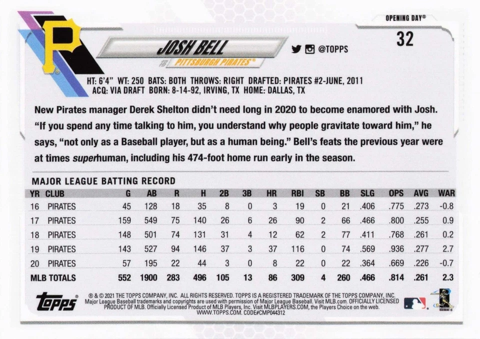 2021 Topps Opening Day Josh Bell #32 - Image 2 of 2