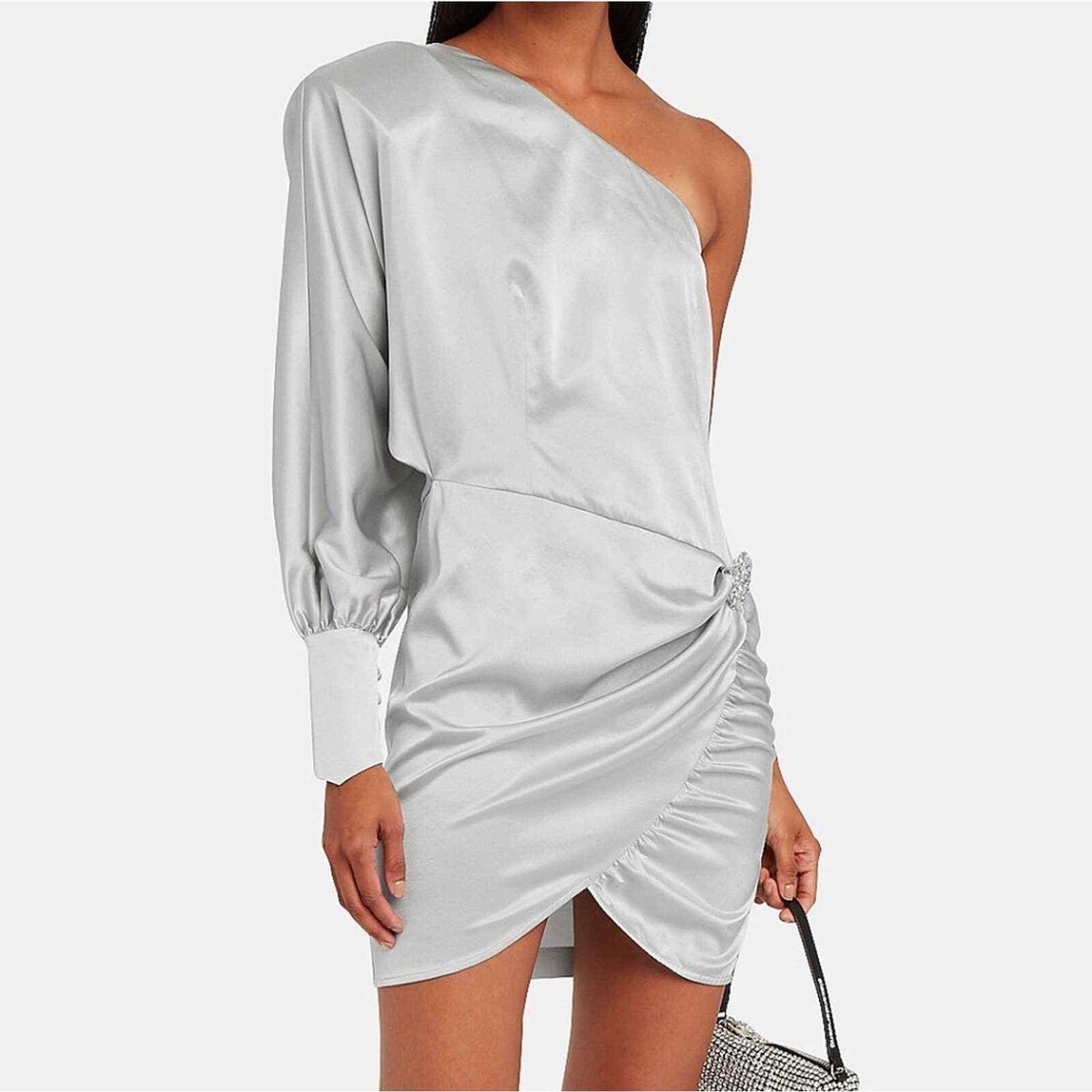 Retrofete Drisana Silk Satin Ruched Brooch Dress XS One Shoulder