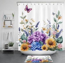 Hydrangea Butterfly Yellow Sunflower Shower Curtain Set for Bathroom Decor