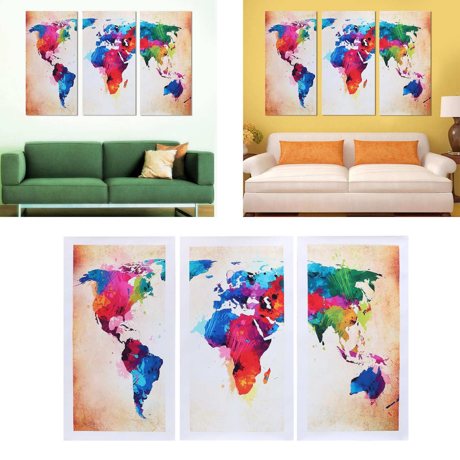 3PCS Colorful Frameless Canvas World Map Pattern Painting Wall Art ...