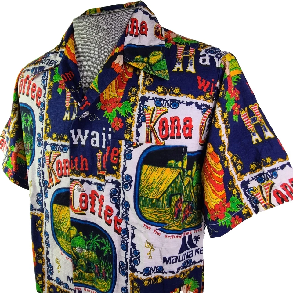 Camisa hawaiana vintage Kona café años 60 70 tela de corteza Aloha Mauna Kea para hombre talla M Foto 4 de 4