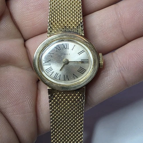 Vintage Timex Watch Women Gold Tone Round Dial Original Mesh Band Manual Wind