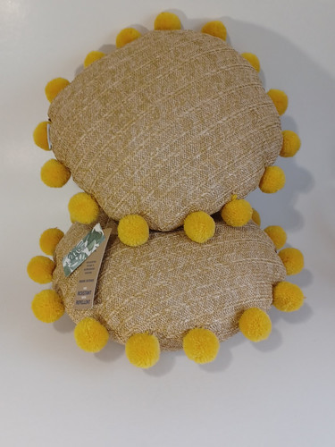 2 Tommy Bahama Indoor Outdoor Faux Straw Pillow 18" X 18" Round Yellow Poms, New