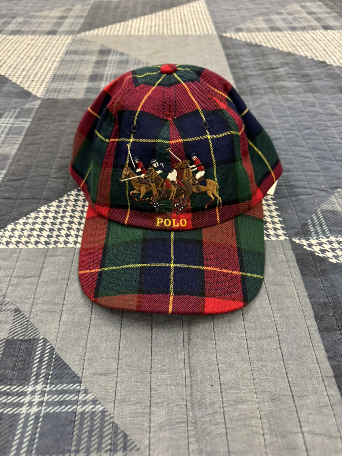 Cappello da baseball nuovo con etichette Y2K Polo Ralph Lauren triplo grande pony plaid cotone flanella berretto