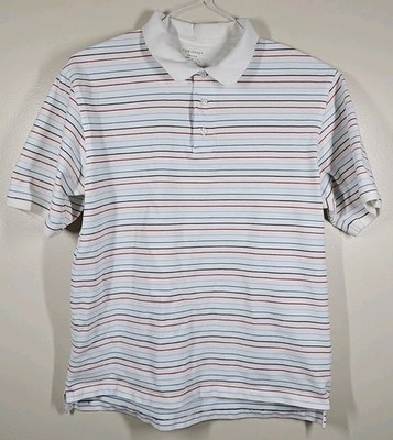  CONSENSUS Mens Polo Shirt White Striped Size Medium Short Sleeve 