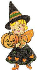Halloween Needlepoint Canvas 18 mesh Zweigart Hand painted Little Witch Orange