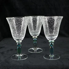 Pottery Barn Handblown Bubble Art Glass Goblets 8.25" Green Iridescent Set of 3