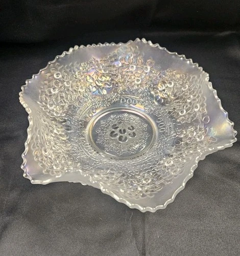 Vintage Fenton Beaded Berry Orange Tree Carnival Glass White Ruffled Glass 10"