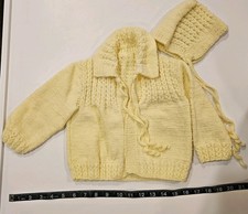 Vintage 1980s Handmade Yellow Knit Baby Cardigan Sweater  Bonnet, Size 12 M