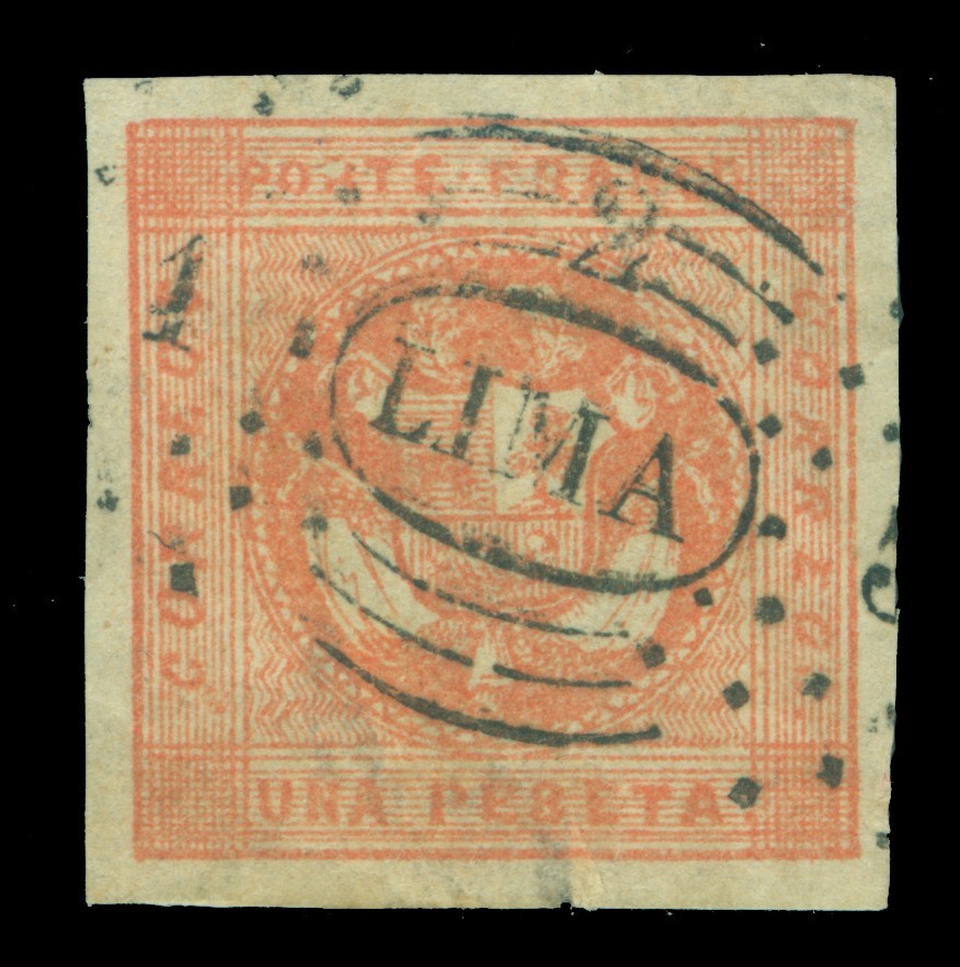 PERU 1858 Coat of Arms 1p rose red  Scott# 4 used VF+ aspect "1 LIMA 5" postmark