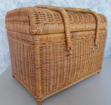 12" Vintage Brown Wicker Handled Hinged Lid Footed Sewing Storage Basket B