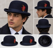 Men  s 100 Wool Derby Bowler Hat Made in USA Rolled Brim Feather Dress quality