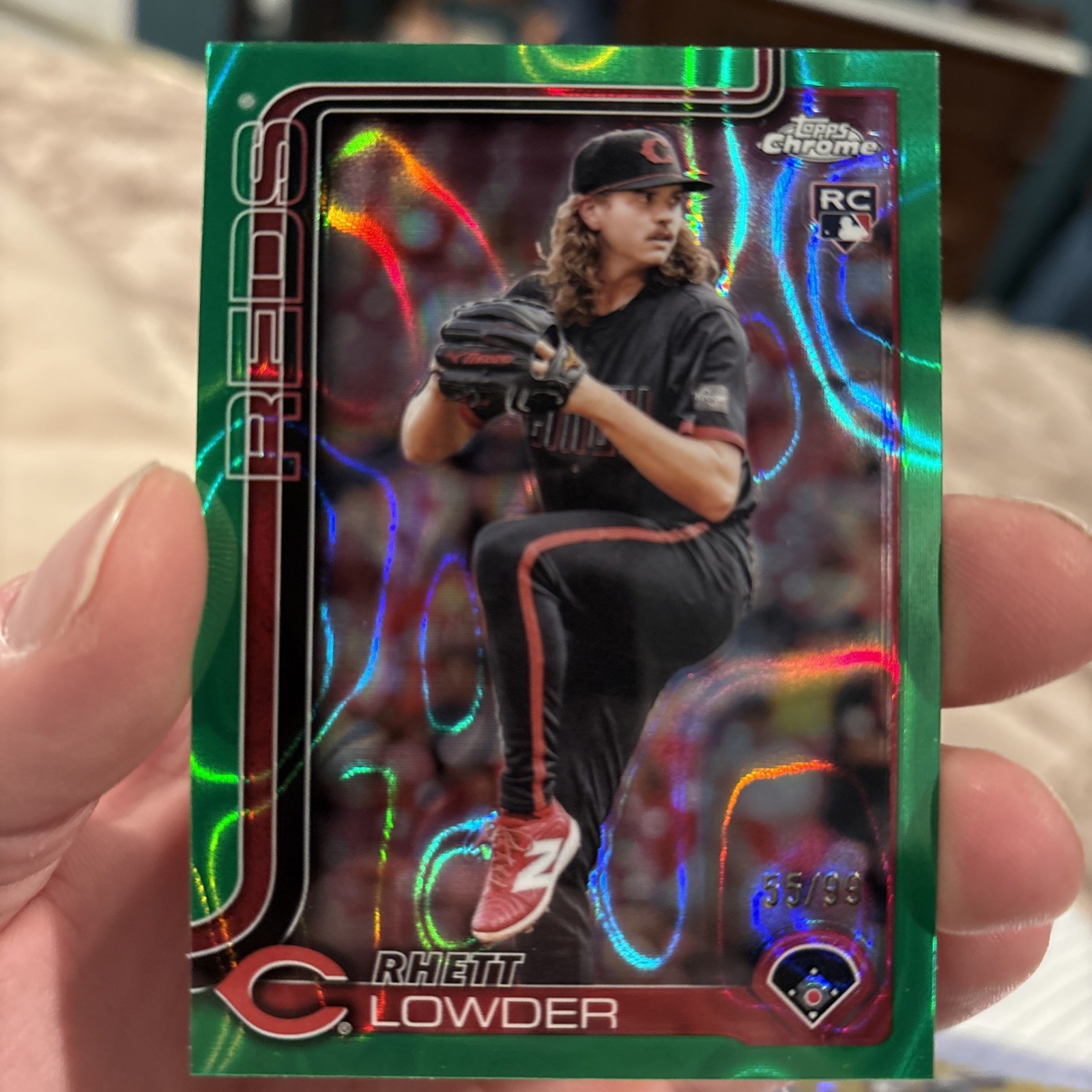 Rhett Lowder 2025 Topps Chrome Green Lava Refractor RC 55/99 Reds #147 Rookie