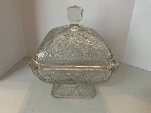 Jeannette Acorn Oak Leaf Clear Depression Glass Footed Candy Dish Bowl Compote