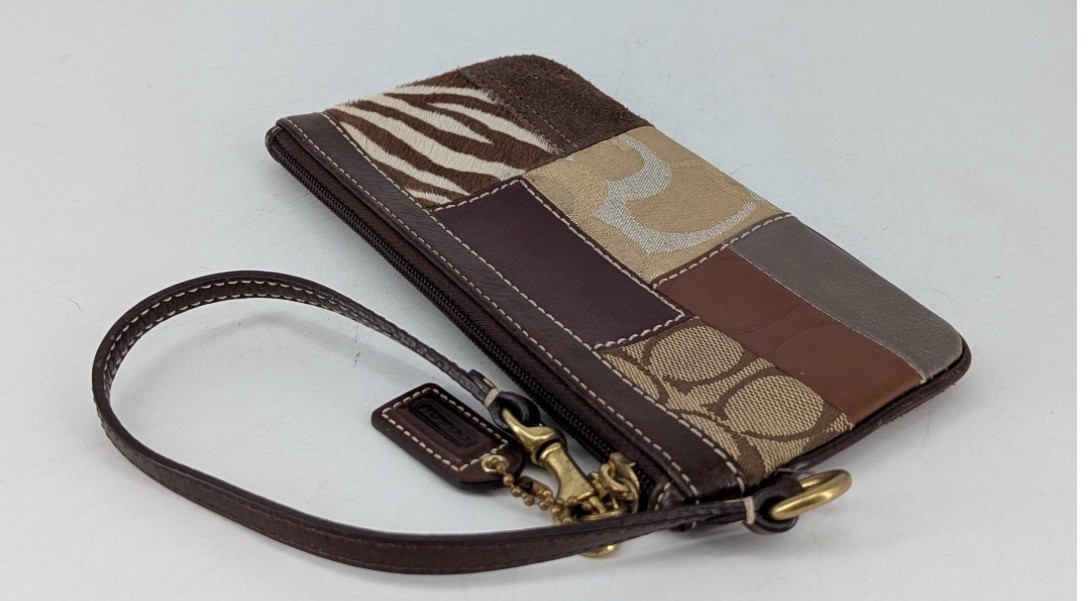 Coach Patchwork Wristlet Brown Suede Leather Canv… - image 1