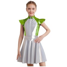 Kids Girls Costume Outer Space Dress Front Zip Skirt Shiny Metallic Christmas