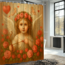 Cute Angel Shower Curtain with Roses and Hearts for Kids Room