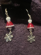 Red White Silver Christmas Snowflake Dangle Drop Earrings Enamel Metal Hook