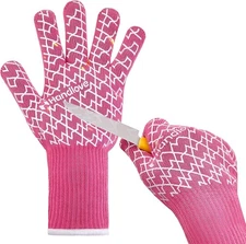 HandLove Heat Resistant BBQ Gloves | Oven Mitts w/ Fingers, Silicone Grip, Long