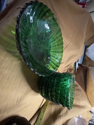 VTG Footed-Anchor Hocking Burple Forest Green Glass Dessert/Berry Bowl Set-9PC