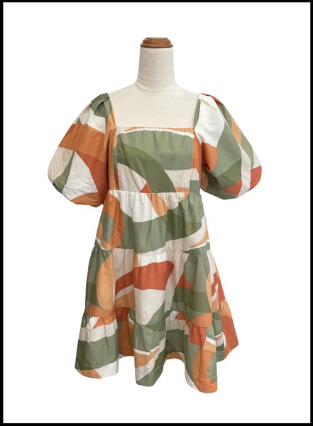 FRENCH CONNECTION Abstract Print Puff Sleeve Tiered Cotton A-Line Mini Dress 10