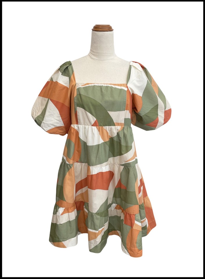 FRENCH CONNECTION Abstract Print Puff Sleeve Tiered Cotton A-Line Mini Dress 10