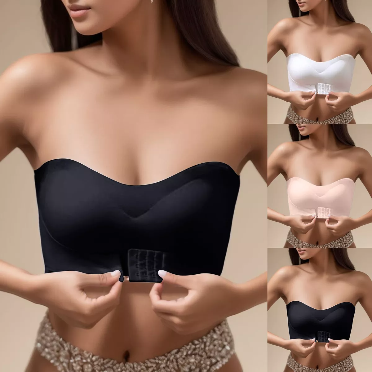 Women Lingerie Strapless Front Buckle Lift Bra Wire Slip Push Up Bandeau  Fashion