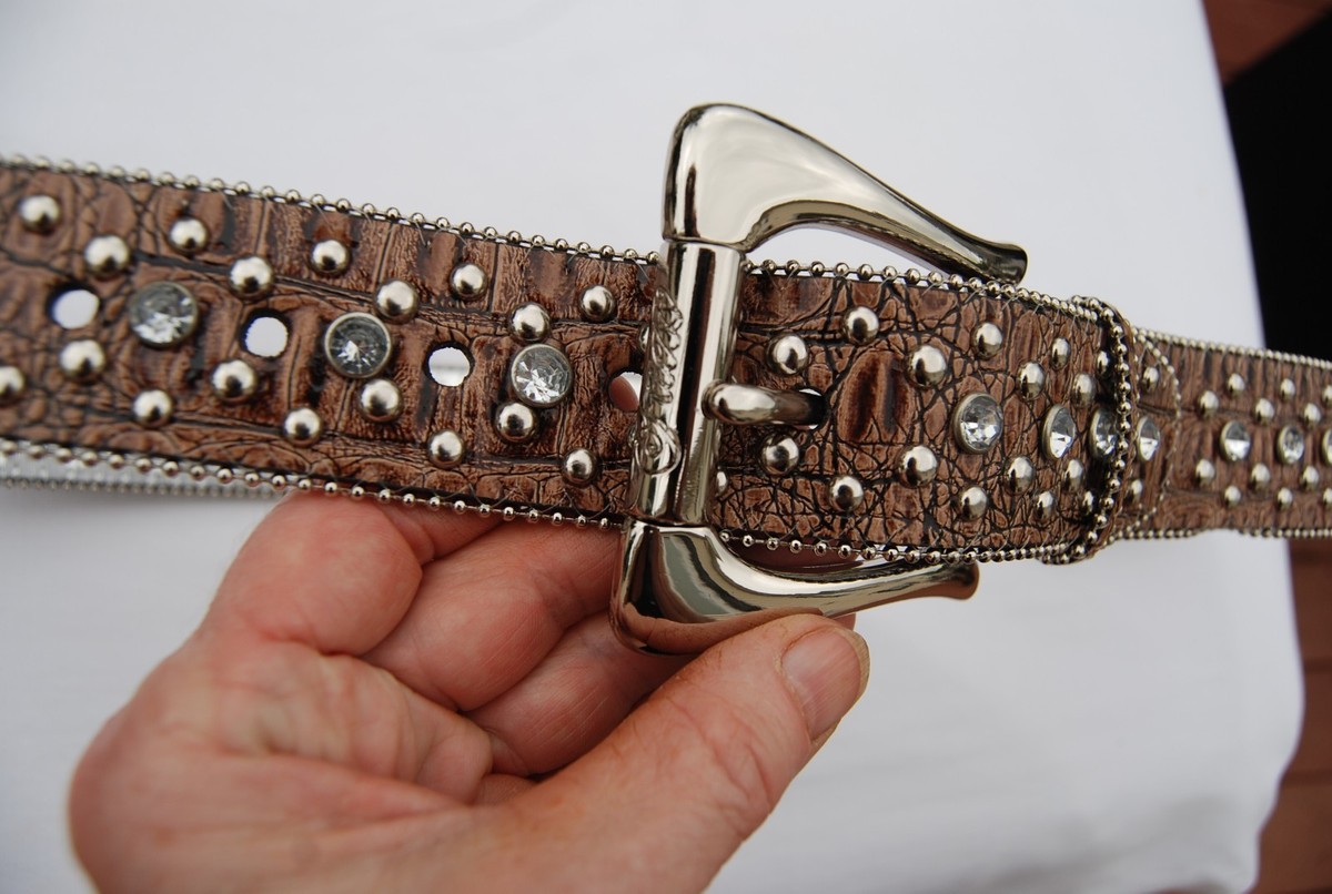 New Brown Croc Embossed Leather GUESS Belt Studs & Crystals  display picture 1