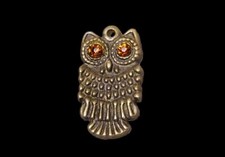 Vintage Owl Pendant Charm Bronze-Look Metal Orange Rhinestone Eyes 1" Bird