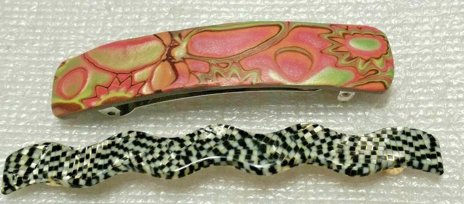 2 vintage hair barrettes made in France,black/white w… Gem