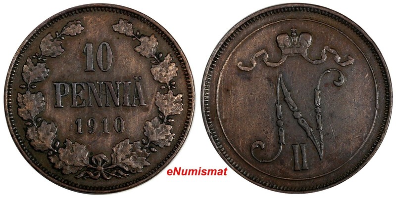 Finland Nicholas II Copper 1910 10 Pennia Mintage-241,000 XF  KM# 14 (14 870)
